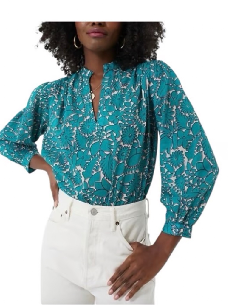 Trovata Birds Of Paradis Bailey Blouse In Teal Thicket Sz M